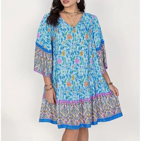 NEW! PLUS Size Beautiful Boho Style Pullover Ruffled Bottom Dress Bell Sleeves - Picture 4 of 5